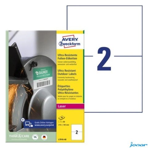 Etykiety polietylenowe ultra resistant, A4, 40 ark./op., 210x148mm, AVERY ZWECKFORM, L7916-40 SALE