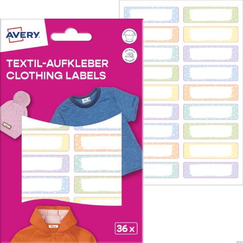 Naklejki na ubrania; 46 x 13 mm, 2 ark/36 naklejek, pastelowe, AVERY ETVET36M