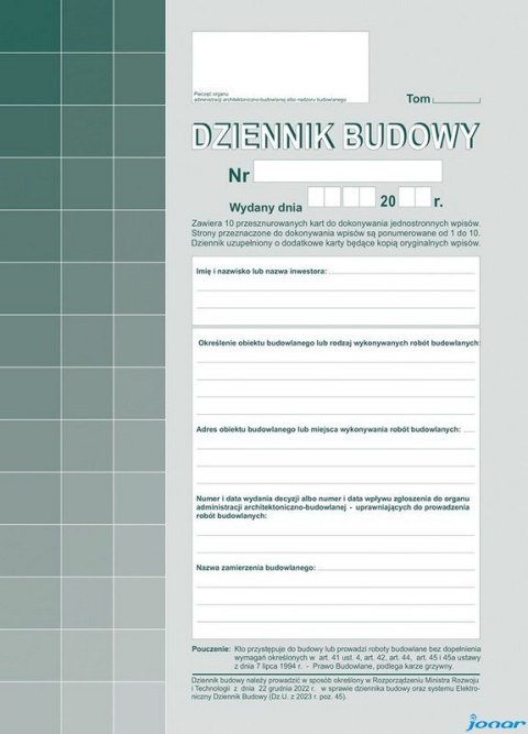 603-S11 Dziennik Budowy A4, 20str. (10 kompletów oryginał+kopia) samokopia Michalczyk i Prokop