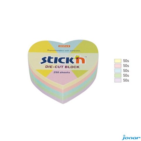 Notes serce, 64x67mm, mix 5 kol. pastelowych, 250kart. Stickn 21835